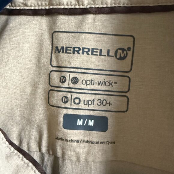 Merrell Opti-Wick UPF 30+ Button Down Shirt Mens Medium Beige Short Sleeves - Picture 3 of 8
